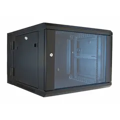 Steel hinged wall equipment rack enclosure with adjustable front and rear rails. Overall height 14 1/2 inches. Used for housing and securing video surveillance equipment in wall-mounted rack configurations.