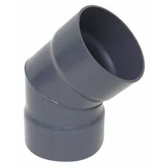 PVC elbow with 45° angle for 6-inch duct diameter. Two-piece assembly with 13 1/2-inch overall length. Used in ducting systems to change airflow direction in ventilation and fume extraction applications.