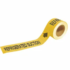Yellow adhesive pipe marker with black legend reading 'Refrigerated Suction' and flow-direction arrows. Fits pipe outer diameters of 1-1/2 to 2 inches. Supplied on a roll of 25 markers for identifying suction lines in refrigeration and HVAC piping systems.