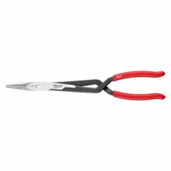 These long-reach needle-nose pliers have a 13 1/8 in overall length, 3 in jaw length, and 1/4 in tip width with a flat tip. Designed for gripping, bending, and accessing wires or components in confined areas such as electrical panels, machinery, or automotive repairs.