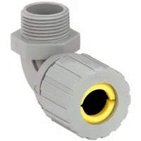 This 90° nylon cord connector accepts cord diameters from 0.63 in to 0.75 in and connects to a 3/4 in MNPT box. Rated IP66 and Class II, Division 1 & 2 for hazardous locations, it provides liquid-tight sealing and strain relief in industrial environments. The gray body and yellow color-coded grommet facilitate identification