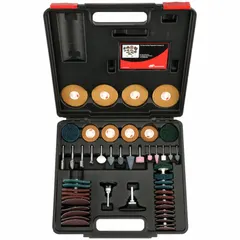 This kit includes assorted-grit quick-change sanding discs for surface finishing, deburring, and blending on metal, wood, and composite materials. Designed for use with compatible die grinders, it supports material removal and polishing in industrial maintenance and fabrication tasks.