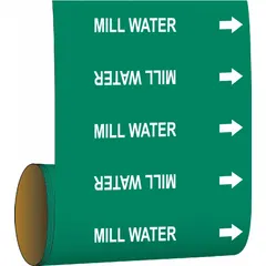 Green adhesive pipe markers with white 'Mill Water' legend and directional arrows. Each roll contains 30 markers for pipes with outside diameter 2 inches and smaller. Used to identify mill water lines in industrial piping systems.