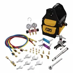 This analog mini-split manifold gauge and tool kit is designed for use with R-410A refrigerant. The kit includes two valves, three hoses, a 2 1/2-inch gauge, and a valve core tool. It is used for installing, servicing, and maintaining mini-split HVAC systems.