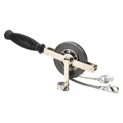 This innage gauging tape measures remaining liquid depth in storage tanks containing dark liquids. It features a steel blade with double-sided Metric/SAE markings, a swivel snap tip, and a grounding strap for static discharge. The plumb bob is ordered separately.