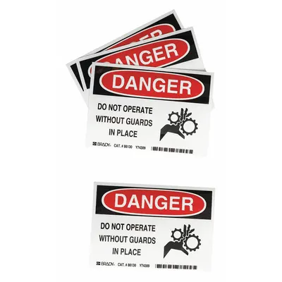 BRADY Label: Polyester, Adhesive Sign Mounting, 3 1/2 in x 5 in Nominal Sign Size - Danger: Do Not Operate Without Guards In Place Signs