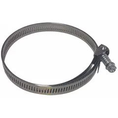 Stainless steel duct clamp for negative air machines. Fits models 30RV49, 30RV50, 30RV51, 30RV52, PAB2K-973, PAB2K-993, PAB2K-99ALM, and PAB2K-GP3. Used to secure ducting in dust control, asbestos abatement, and HVAC maintenance applications.