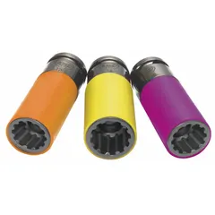 This 3-piece socket set features spline sockets combining 6-point and 12-point designs for use on lug nuts. Sizes range from 55/64 in to 15/16 in with a 1/2 in drive. The chrome finish provides corrosion resistance. Suitable for automotive wheel removal and installation.