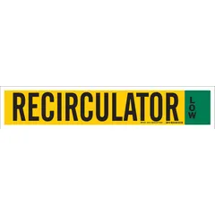 This pipe marker is designed for identifying piping in industrial systems such as refrigeration, chemical processing, and HVAC. It fits pipe outer diameters of 8 inches and larger. The marker is made of black vinyl with English text and does not include arrows. Its low-adhesive construction allows repositioning during installation.