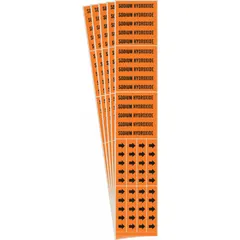 Adhesive pipe marker for identifying pipes carrying sodium hydroxide. Orange background with black legend and directional arrows. Fits pipe outside diameters of 3/4 in and smaller. Pack of five markers suitable for industrial piping systems.
