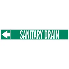 Green adhesive pipe marker with white 'Sanitary Drain' legend and directional arrows, supplied on a roll of 25 markers. Designed for pipes with outer diameters from 2-1/2 to 6 inches. Used to identify pipes carrying waste water or sewage in industrial facilities.
