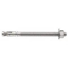 316 stainless steel wedge anchor for fastening into concrete. 3/8" diameter, 3/8"-16 thread size, 1-5/8" thread length, 3" overall length. Plain finish. 50-pack.