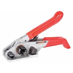 This manual tensioner is designed for tensioning poly cord strapping around packages or pallets. It fits strap widths from 1/2 in to 3/4 in and features a handle grip for operation. The tool weighs 5 lb and is intended for use with flat seal surfaces.
