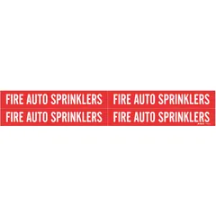Red adhesive pipe marker with white legend text reading 'Fire Auto Sprinklers'. Fits pipe outer diameters from 3/4 to 2-3/8 inches. Pack of 4 markers without arrows. Used to identify fire sprinkler supply piping in industrial and commercial facilities.
