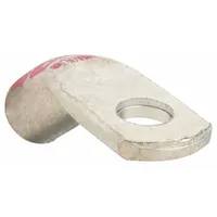 Tin-plated copper crimp lug for terminating 2 and 1 ga wire. Bent design for use in confined spaces. Pink color. Suitable for high-current electrical connections in industrial panels and switchgear