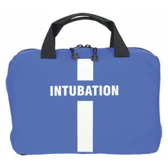 This intubation supply case is constructed from blue Cordura nylon. It measures 9 1/2 inches in overall width. The case is designed for organizing and transporting intubation equipment in clinical or emergency settings.