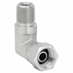 This steel hydraulic hose adapter connects NPSM female threads to NPTF male threads. The 90° swivel elbow design allows flexible routing in confined spaces. Suitable for fluid power connections in hydraulic systems.