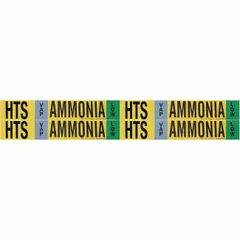 Ammonia adhesive pipe markers for industrial refrigeration piping identification. Set of 4 markers without arrows, designed for IIAR system abbreviation HTS, phase VAP, and low pressure level. Fits pipe outer diameter 3/4 to 2-3/8 inches. Used to label ammonia lines in accordance with IIAR standards.