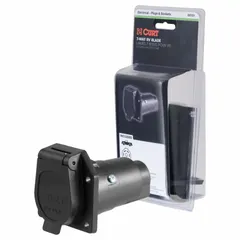 Plastic 7-way vehicle-side electrical plug for connecting trailers to towing vehicles. Supplies power for tail lights, turn signals, brakes, and auxiliary circuits. Used in fleet maintenance and heavy-duty towing applications.