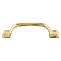 This brass pull handle features a brass-plated finish and unthreaded mounting holes. With a 3.5-inch center-to-center distance, it is suited for cabinet doors, drawers, and panels in industrial or commercial settings
