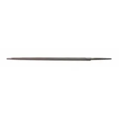 This triangular file features a single-cut, smooth cut pattern for fine finishing. With a length of 6 inches without tang, width of 1/4 inch, and thickness of 11/64 inch, it is tapered slightly towards the point. Suitable for filing internal angles, sharpening saw teeth, and deburring narrow slots in metal and wood.