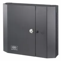 This wall-mount fiber optic termination box is constructed from steel with a black powder-coated finish. It includes a door and is designed to accommodate (4) FSP panels. The enclosure measures 12 in x 14 in x 3 1/4 in, providing space for housing and protecting fiber optic splices and terminations in structured cabling systems