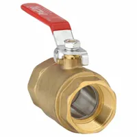 This brass ball valve features a straight body with female iron pipe (FIP) threads on both ends, a full port ball for minimal pressure drop, and a lever handle for manual on/off flow control. Suitable for use in plumbing and industrial piping systems handling water, oil, or gas