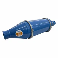 Steel spark trap with blue finish and nitrile seal, designed for round duct systems. Clamp-together connection type. Suitable for capturing and extinguishing sparks in industrial dust-collection and pneumatic-conveying systems.