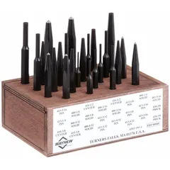 This 24-piece combination punch set includes solid punches for aligning, driving, and removing pins and fasteners. Suitable for metalworking, automotive repair, and general maintenance tasks. Punches are supplied in a box for organized storage.