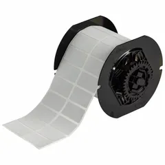 Precut label roll for BBP33 printer series. Labels are 1 1/2 in x 3/4 in, made of gray metalized polyester. Used for asset tracking, cable marking, and component labeling in industrial environments.