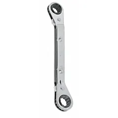 This PROTO wrench features a 1/4 in and 5/16 in head size with a 4-1/4 in overall length. The offset, reversing design allows for use in confined spaces, and the 12-point ratcheting box end enables quick fastener engagement without repositioning. Suitable for tightening and loosening SAE fasteners in automotive, industrial, and mechanical applications.