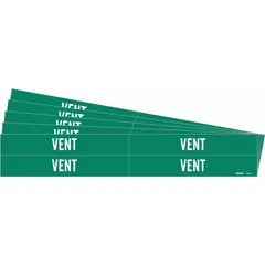 Green adhesive pipe markers with white legend reading 'Vent', without arrows. Each pack contains 5 markers (4 pipe markers) that fit pipe outer diameters from 3/4 to 2 3/8 inches. Used to identify vent lines in industrial piping systems for clear pipe identification.