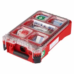 Polypropylene housing with 15 3/16 in depth and 4 5/8 in height. Contains (16) bandages, scissors, a CPR face shield, (2) eyewash, and a triangular bandage. No oral or inhalant medicinals included. Integrates into PACKOUT tool storage systems for organized first-aid response on job sites.