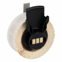 3/8 in x 3/8 in polyimide labels with permanent adhesive. Compatible with Brady M710 printer (with Media Adapter). Used for durable, heat-resistant identification in industrial environments such as circuit boards and equipment.