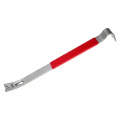 Flat bar with claw/wedge end for prying and nail pulling. Overall length 21 in, bar width 1 1/2 in, end width 1 3/4 in. Features 3 nail slots. Type N No T No. Suitable for demolition, construction, and maintenance tasks such as removing boards, fasteners, and trim.