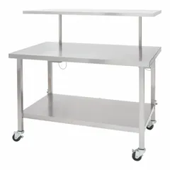 This mobile medical equipment stand is constructed of stainless steel with a silver cabinet. It is equipped with two swivel casters that include brakes for secure positioning. Suitable for use in healthcare environments where corrosion resistance and mobility are required.