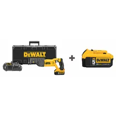 This cordless reciprocating saw features a brushed motor and orbital action, delivering up to 3,000 strokes per minute with a 1-1/8 in stroke length. It is suited for cutting wood, metal, and plastic in demolition, construction, and renovation tasks. The kit includes a DCB205 battery.