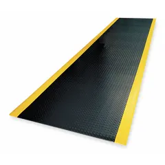 This wear-resistant antifatigue mat measures 2 ft x 16 ft with a 1/2 in thickness. Constructed from PVC foam in black with a yellow border, it features an anti-slip backing. Suitable for use in industrial workstations, assembly lines, and high-traffic areas where standing workers require comfort and slip resistance.
