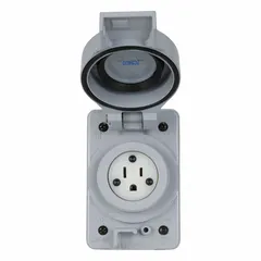 Single weather-resistant straight blade receptacle with 5-15R configuration, rated 125V AC and 15 A, 2 pole/3 wire, in gray. Suitable for indoor or outdoor electrical outlets in damp or wet locations, providing power to tools and equipment.