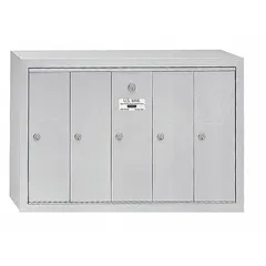 Vertical multi-unit mailbox with 5 lockable front-opening doors. Surface-mount design for organized mail distribution in apartment buildings, condominiums, or commercial offices. Dimensions: 19 in H x 29 3/4 in W x 7 1/2 in D.