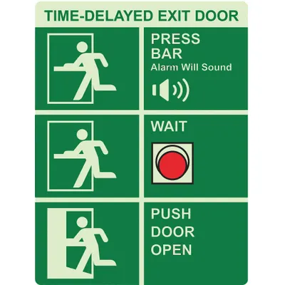 ABILITY ONE Photoluminescent Safety Sign: Plastic, Adhesive Sign Mounting - Time-Delayed Exit Door, Press Bar, Alarm Will Sound, Wait, Push Door Open Signs
