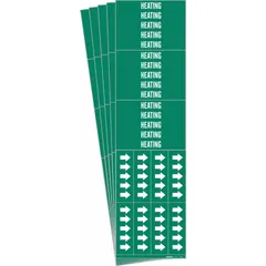 Green adhesive pipe marker with white 'Heating' legend and flow-direction arrows. Designed for pipes with outer diameter of 3/4 inch or smaller. Each pack contains 3 markers. Suitable for identifying heating-system piping in industrial and commercial facilities.