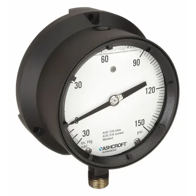 ASHCROFT Process Compound Gauge: 0 psi to 150 psi, White, 4 1/2 in Dial, 1/2 in NPT Male - Vibration-Resistant All-Stainless Steel Wetted Parts & Casing