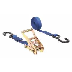 Ratchet-style tie down strap made of blue polyester webbing with steel S-hook ends. Overall length 12 ft, width 1 in. Used to secure motorcycles during transport on trailers or truck beds.