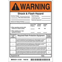 Vinyl adhesive warning sign for shock and flash hazards. Nominal size 7 in x 5 in. Not retroreflective and does not glow in the dark. Supplied in a 5-pack. Suitable for marking electrical panels, equipment, or enclosures where dangerous voltage is present.