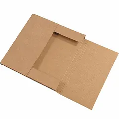 Corrugated cardboard mailer with easy-fold closure, single-wall construction, and ECT-32-B board test. Inside dimensions 10-1/4" length by 10-1/4" width by 1" height. Kraft color. Sold in packs of 50. Suitable for shipping flat items such as documents, photos, or small parts.