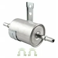 In-line fuel filter with 2 3/16 in outside diameter and cellulose media. Includes two plastic retainer clips. Designed for use in Chevrolet and Pontiac trucks to remove contaminants from fuel