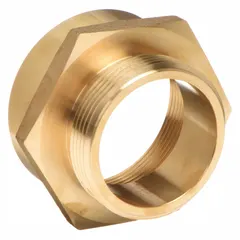 This brass rigid adapter connects a 2-inch NPT threaded pipe to a 1-1/2-inch NH fire hose coupling. Straight configuration with hex shape for wrench tightening. Used in fire hydrants, standpipes, and industrial water-supply systems for secure, leak-free connections.