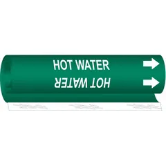 Green wrap-around pipe marker with white legend reading 'Hot Water' and directional arrows. Fits pipe outer diameters from 2-1/2 to 7-7/8 inches. Supplied as a single marker. Used to identify contents and flow direction in piping systems.