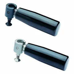Black phenolic fold-away gear handle with M6 threaded hole and 90 mm overall length. Designed for manual adjustment and positioning on machinery where a compact, retractable grip is needed. Phenolic construction resists oils and solvents.